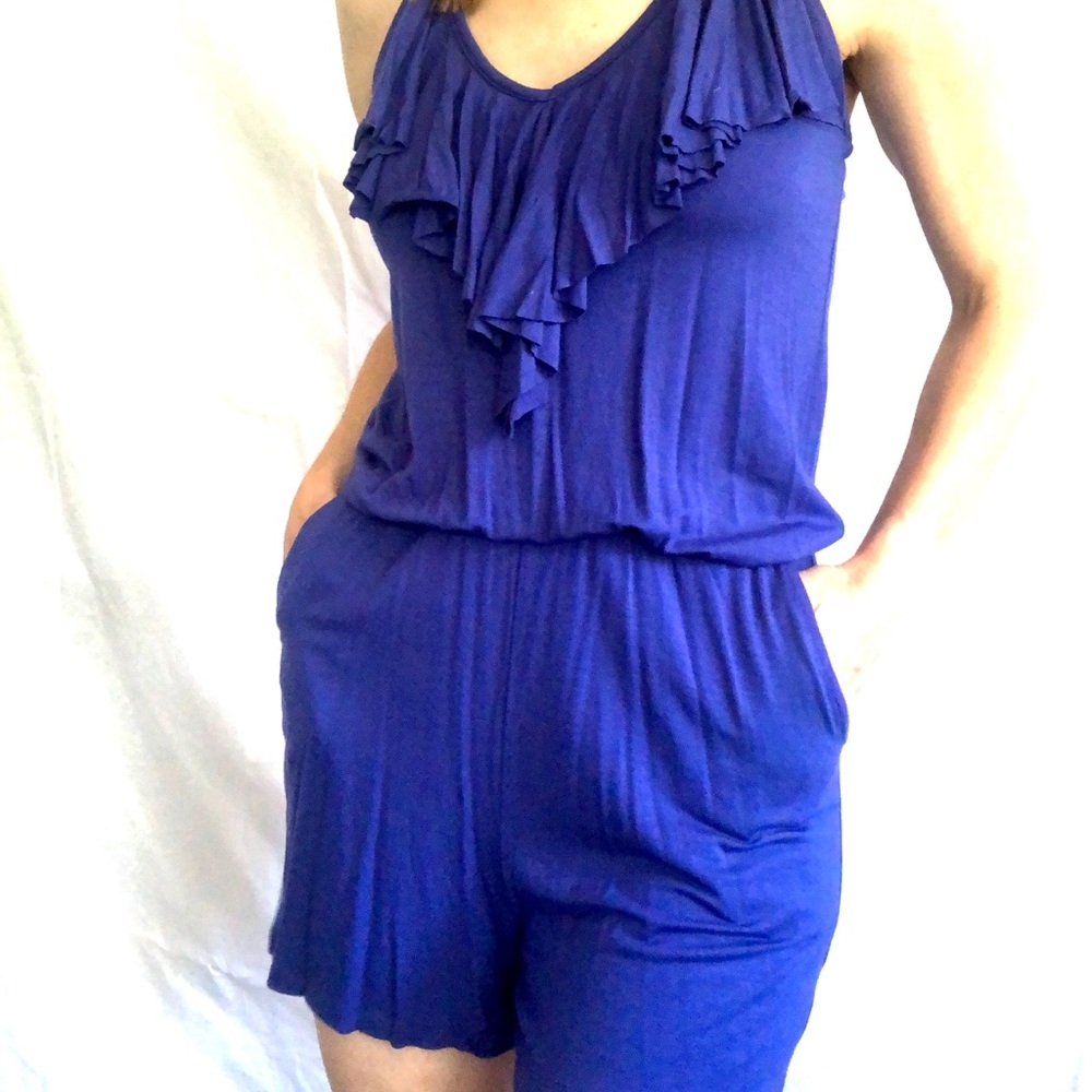 Royal blue ruffle halter top stretch shorts romper size XS